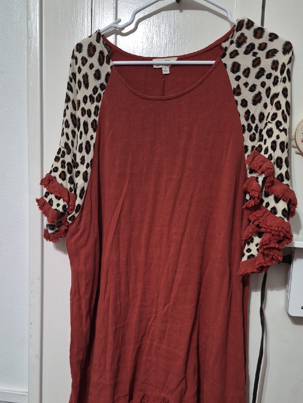 Umgee Rust Tunic with Leopard-Print Ruffle Sleeves